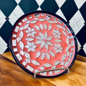 Vintage Portuguese Mosaic Floral Plate – Red & Silver Inlay Art 8”‎